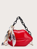 Twilly Scarf Decor Lip Shaped Satchel Bag (Red)